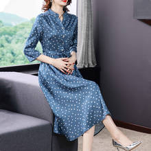 Spring Autumn Blue Dot Silk Satin Dress 2022 Casual Vintage Long Sleeve Midi Dress Women Elegant Bodycon Vestidos 2024 - buy cheap