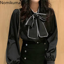 Nomikuma blusa feminina com laço, laço, gola em chiffon, cor de contraste, camisas de manga comprida, outono, novo, vintage, 3d289 2024 - compre barato