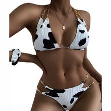 Sexy Cow Print Velvet Women Separate Swimsuit with Neck Strap Cut Out Metal Chain Bikini Set Halter Padded Two-Pieces Brazilian 2024 - buy cheap