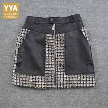 Sweet Women Sheepskin Splice High Waist Skirt Tweed Plaid Zipper A-Line Skirts Pockets Elegant Office Lady Short Skirt M-3XL 2024 - buy cheap