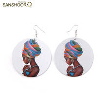 SANSHOOR 6cm Printed African Wood Drop Earrings With Headwrap Woman Pattern Black Ethnic Jewelry For Women Christmas Gift 1Pair 2024 - buy cheap