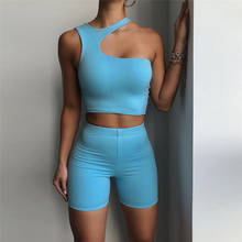 Solid Asymmetrical Skinny Tracksuit Women Two Piece Sets Crop Tops+Elastic Bike Shorts Sporty Suits Ladies Sports Casual Fashion 2024 - buy cheap