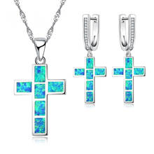 Conjunto de joias com pingente de opala de fogo, acessórios femininos para festa de casamento, presente, cruz azul 2024 - compre barato