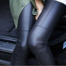 2021 outono calça de couro falso para mulheres preto liso leggings de retalhos calças justas sem pé legging feminina dd8001 2024 - compre barato