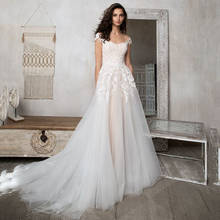 Vestido de noiva uzn a-line, vestido de casamento com decote e renda, manga justa, cortina para noivas 2024 - compre barato