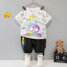Летняя одежда для мальчиков, комплекты из 2 предметов, футболка с изображением медведя из мультфильма для маленьких девочек, От 1 до 4 лет, Детские наряды с надписью 2024 - купить недорого