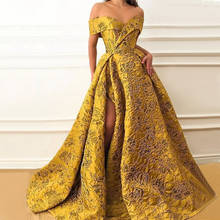 Vestido de noite muçulmano dourado, a-linha, com fenda no ombro, longo, vestido formal, vestido de formatura, dubai, arábia saudita 2024 - compre barato