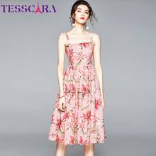 Tesscara-vestido feminino elegante floral, de alta qualidade, rosa, sem mangas, para festas, robe, roupa de festa 2024 - compre barato