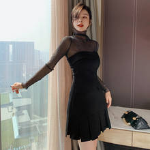 2 Piece Set Black Mesh Long Sleeve Tops and Slash Neck Pleated Dress Tow Piece Set Elegant Office Lady Sexy Party Women Suits 2024 - buy cheap