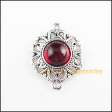 6 New Flower Charms Red Glaze Round Connectors Tibetan Silver Tone 21.5x28mm 2024 - buy cheap