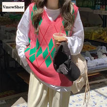 VmewSher-suéter de punto para mujer, Jersey sin mangas con cuello en V, chaleco informal, Top Vintage geométrico de rombos para oficina 2021 2024 - compra barato