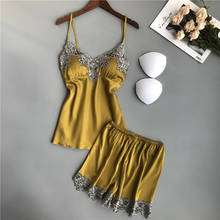 Bzel pijama de cetim feminino, conjunto de roupas de dormir em renda de seda para mulheres primavera verão, roupa de casa sexy 2024 - compre barato