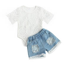 Summer Infant Baby Girls Clothes Sets Lace Hollow Two Pieces Floral Short Sleeve Bodysuit Tops+Ripped Denim Shorts Baby Outfits 2024 - buy cheap