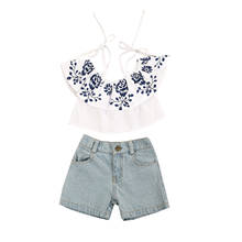 Girl’s Lace-up Tops and Shorts Set Fresh Printing Boat Neck T-shirt and Solid Color Denim Short Pants 2-7T 2024 - buy cheap