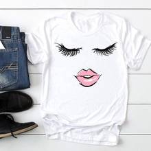 Camiseta de manga corta con estampado de labios y cara para mujer, playera divertida con estampado de dibujos animados, ropa para mujer 2021 2024 - compra barato