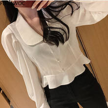 2021 Spring Ruffled Corp Tops And Blouses Women Cute Chic Korea Solid White Black Peter Pan Collar Single Breasted Button Shirt 2024 - buy cheap