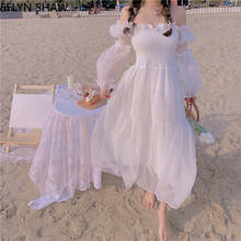 Summer Fairy Dress Women Vintage Slash Neck Sexy White Dress Sweet Puff Sleeves Ruffles Elastic A Line Long Chiffon Beach Dress 2024 - buy cheap