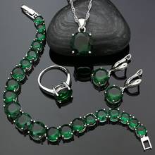 Conjuntos de joias de prata 925 para mulheres, verde, redondo, zircônia cúbica, conjunto de brincos, pingente de anel, pulseira, colar 2024 - compre barato