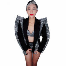 Sparkly prata strass sutiã curto jaqueta conjunto de roupa feminina cantor dancer wear preto palco wear festa de aniversário conjunto roupa 2024 - compre barato