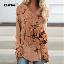 ELSVIOS Elegant Butterfly Printed Shirts Plus Size Loose V Neck Long Sleeve Mid-Length Tops 2020 Autumn Women New Casual Shirts 2024 - buy cheap