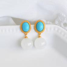 Pendientes de jade blanco de Hetian para mujer, joyas simples y exquisitas con incrustaciones de plata natural turquesa, diseño original, novedad 2024 - compra barato