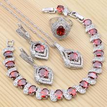 Silver 925 Bridal Jewelry Sets For Women Red Cubic Zirconia Ring Bracelet Necklace Pendant Earrings Set Jewellery 2024 - buy cheap