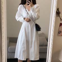 Korean 2021 Autumn Elegant White Dresse Women Casual Long Sleeve Vintage Fairy Midi Dress Draped Lace-Up Slim One Piece Dresses 2024 - buy cheap