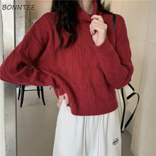 Pullovers Women Red Solid Turtleneck Basic Design Loose Leisure Korean Style High Street Ladies Winter Tops Warm Soft Fashion 2024 - buy cheap