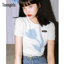 Tonngirls Korean Tulip Flower Print Crop Top Women White Knit Short Sleeve T Shirt Summer Harajuku Aesthetic Tshirt Japanese Top 2024 - buy cheap