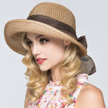 Chapéu de palha feminino ht2936, aba larga, verão, chapéu de sol, para mulheres, chapéu de praia grande, empacotável, chapéu panamá, chapéus disquetes para mulheres 2024 - compre barato