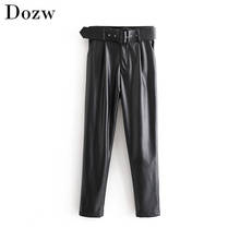 Women Chic Black PU Faux Leather Pants Fashion High Waist Pockets Ladies Office Trousers With Belt Casual Pleated Pants Bottoms 2024 - buy cheap
