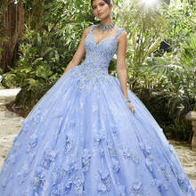 Sky Blue Ball Gown Quinceanera Dresses 2021 Appliques Sequins 3D Flowers Sleeveless Princess Party Sweet 15 Lace-Up Backless 2024 - buy cheap