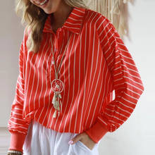 Женская полосатая рубашка с длинными рукавами, весна-осень, свободный рукав летучая мышь повседневная блузка, офисная верхняя одежда большого размера, одежда красного цвета, новинка 2024 - купить недорого