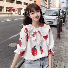 Cute Strawberry Print Peter Pan Collar Top Girls Summer Kawaii Sweet Girl Chiffon Shirt Women 2021 New Short Sleeve Blouse Tops 2024 - buy cheap