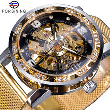 Forsining Diamond Golden Skeleton Men Mechanical Watch Stainless Steel Mesh Band Luminous Hand Watches Sport Business Clock 2024 - buy cheap