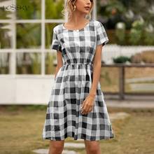 Fashion O-neck Short Sleeve Vintage Woman Dress 2021 Summer Casual Green Plaid Elastic Waist Dresses For Women Robe Femme 2024 - buy cheap