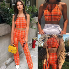 Sexy Women Summer Plaid Halterneck Backless Crop Tops Tee+High waist Zipper Long Pants Trousers Party wear Sets 2024 - buy cheap