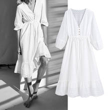 Vestido de renda branca das mulheres za moda 2021 v pescoço oco para fora único botão a linha vestido feminino manga longa elegante vestido 2024 - compre barato