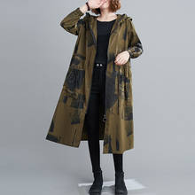 Plus size oversized com capuz casual solto longo outono primavera trench coat para mulher blusão 2021 zíper tinta graffiti outerwear 2024 - compre barato