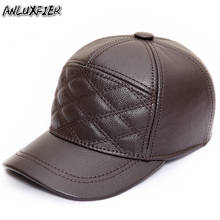 B-9481-gorra de béisbol de cuero genuino para hombre, sombrero de béisbol con protección para las orejas, ajustable, bordado, a la moda 2024 - compra barato