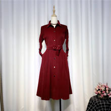 Corduroy Dress Spring New 2021 Turn-Down Collar Red Button Sashes Slim Knee-Length Lady Elegant Clothing Top Quality 2024 - buy cheap