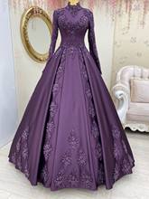 Luxury Purple Appliques Satin Muslim Prom Dress 2021 High Neck Long Sleeve Saudi Arabic Evening Formal Party Ball Gowns 2024 - buy cheap