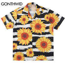 GONTHWID Sunflower Flowers Print Short Sleeve Stripe Hawaiian Beach Aloha Shirts Summer Casual Tops Streetwear Men Hip Hop Shirt 2024 - buy cheap