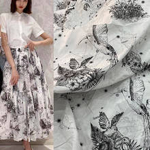Tecido de algodão fino, 145cm de largura, preto e branco, pássaro/flor, impresso para blusa feminina, vestidos de verão, costura de pano diy 2024 - compre barato