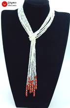 Qingmos-chal de concha Natural para mujer, collar largo de 45 pulgadas con 3 hebras de 4mm, carcasa blanca y collar de Coral rojo, joyería nec6579 2024 - compra barato