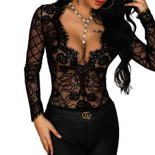 Women Sexy Black Lace Mesh Print See Through Jumpsuit Bodycon V Neck Long Sleeve Bodysuit Leotard Romper Fashion Joker New 2024 - buy cheap