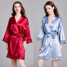 Ladies Spring Summer Long Sleeved Large Size Silk Home Bathrobe Bride Bridesmaid Morning Gown Elegant Lace Solid Robe Халат 2024 - buy cheap