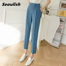 Seoulish 2021 New Formal Women's Harem Pants Spring Summer Blue Button High Waist Female Workwear Elegant Ankle Length Trouses 2024 - buy cheap