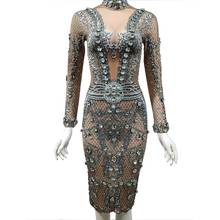 Блестящее Серебряное платье с кристаллами и длинным рукавом для женщин, вечерние платья на день рождения, сексуальные Клубные наряды для певицы, костюм для сцены 2024 - купить недорого