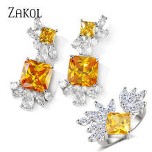 ZAKOL-Conjunto De joyería para Mujer, Aretes De boda, anillo cuadrado amarillo, Aretes De cristal De circonita cúbica, Modernos, 2 piezas, 2021 2024 - compra barato